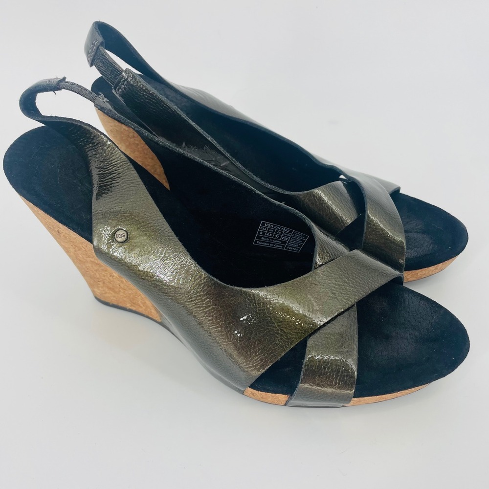 UGG Lucianna Metallic Olive Green‎ Leather Cork Wedge Slingback Sandals size 6